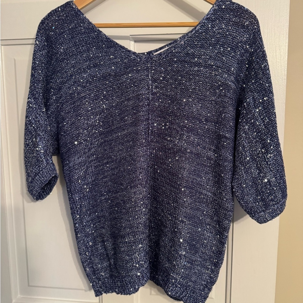 H by Halston Blue Textured Knit Sweater Size Large Dolman Sleeve Lightweight Met